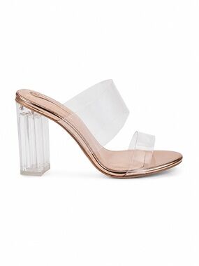 Elegant Collection Clear Block Heels Slip-On Mules Party Shoes Nude Metallic 6